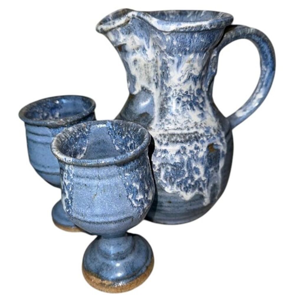 Vintage Studio Pottery Blue Drip Glaze Pitcher & 2 Goblets - Artist Signed